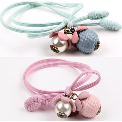 2PCS Elegant Colorful Imitation Pearl Beads Pendants Ribbon Knitted Girls Women Rubber Hair Rings Bands Ponytail Ornament Gifts