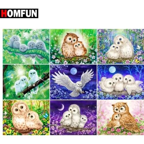 HOMFUN Diamond Painting "Owl Forest Night" Cross Stitch Custom Photo Diamond Embroidery Square Round Drill Home Decor