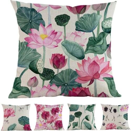 Chinese Style Watercolor Lotus Leaf Seedpod Dragonfly Crane Pattern Throw Pillow Case Home Study Sofa decoration Cushion Cover