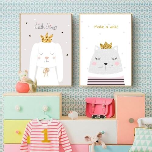 Baby Nursery Wall Art Canvas Poster Print bear rabbit crown Painting Nordic Kids Decoration Picture pink Children Bedroom Decor