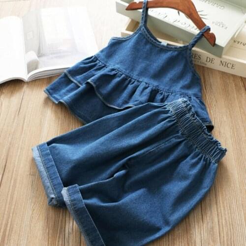 Toddler Kids Baby Girl Denim Outfits Ruffled Halter Tops Dress + Pants Summer Clothes Sunsuit Set