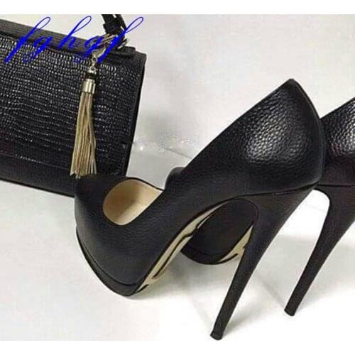 FGHGF shoes, fashion beautiful free , black litchistria PU, 16 cm high-heeled shoes,round toe pumps.SIZE:34-45