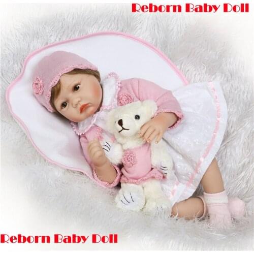 Bebes reborn soft silicone baby girl dolls 22" pink princess dolls reborn with bear plush doll rooted new hair bonecas