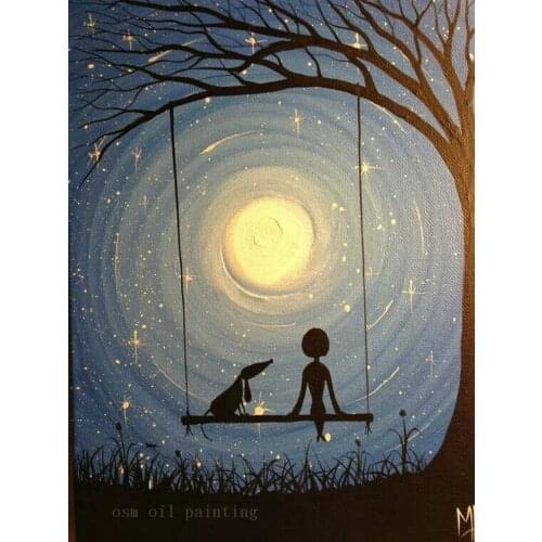Hand Painted Landscape Wall Art Canvas Picture Handmade Modern Abstract Gril and Pet Swing with Moon Under the Tree Oil Painting