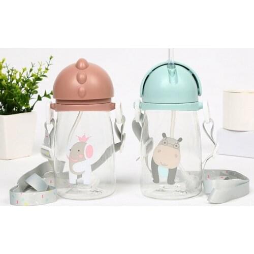 Baby Kids Children Cartoon Animal School Drinking Water Straw Bottle Straw Sippy Cup With Shoulder Strap 420ml