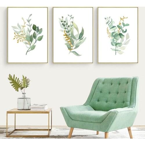 Modern Canvas Painting Green Plants Gold Leaves Simplicity Wall Art Poster Pictures Living Room Home Interior Decor No Frame