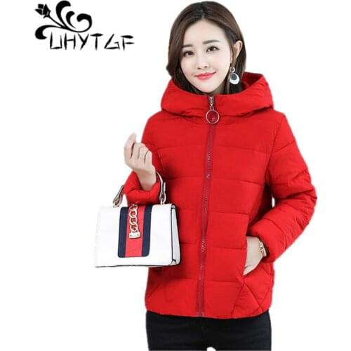 UHYTGF Womens Short Winter Warm Coat Female Hooded Parka Jacket Thicken Cotton aphid Korean Lady L-6XL Plus Size Jackets X388