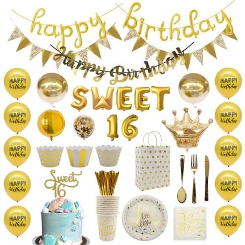 Gold 16th Birthday Party Decoration Happy Birthday Banner Balloon Cupcake Topper Disposable Tableware Straw 30 Year Old Supplies