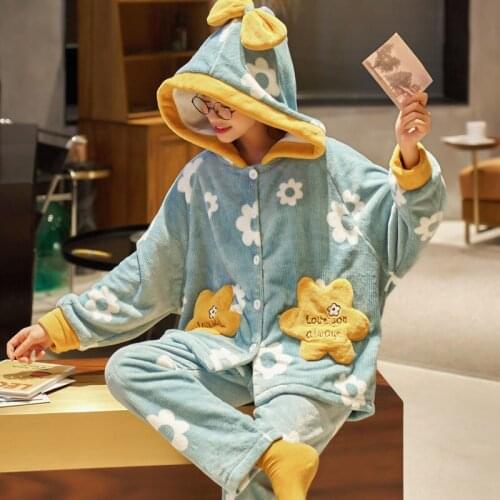 Thickened Plus Flannel Women Sleepwear Coral Velvet Pajamas Autumn and Winter Cute Home Service Suits Nightwear Pijama Set