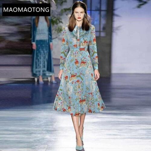 Spring Womens Dress Beaded Embroidery Turn-down Collar Long Sleeve Mesh Ruffles Vintage Floral-Print Pleated Dresses