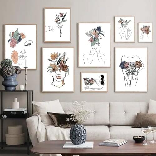 Vintage Woman Flower Leaf Line Abstract Wall Art Canvas Painting Nordic Posters And Prints Decor Pictures For Living Room Mural