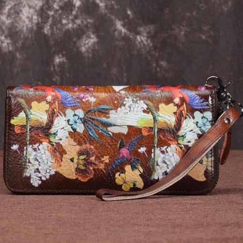 Vintage Big Wallet Women Cow Genuine Leather Hand Wallet Card Holder 2021 Winter Floral Leisure Long Phone Purse Female Wallets