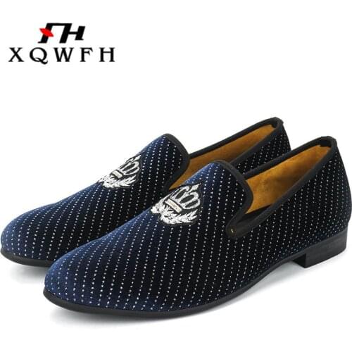 XQWFH New Style Men Blue Velvet Shoes Fashion Party and Wedding Male Dress Shoes Plus Size Mens Loafers