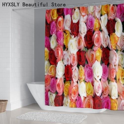 Colorful Flower Wall Shower Curtain Printed Curtains Bathroom DIY Textile Polyester Waterproof Cloth Bath Screen Cover Set