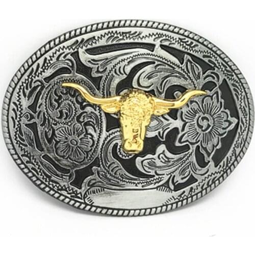 Western Cowboy Zinc Alloy Rope Buckle with Long Horn Bull Rudder Right Cut