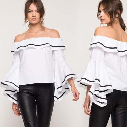 Bella Philosophy spring summer sexy slash neck off shoulder big pendulum lotus leaf ruffles fly sleeve blouse