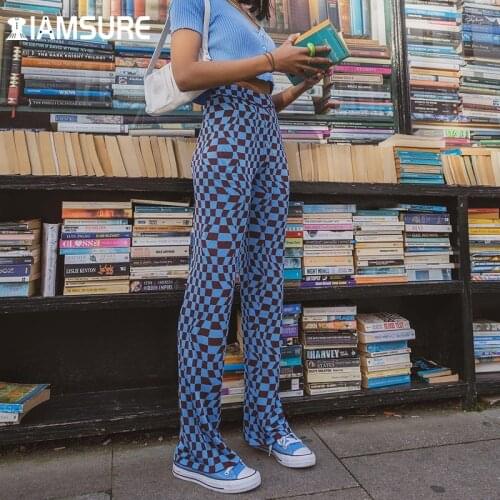 IAmsure Y2K Argyle Plaid Knitted Pants Women 2021 Spring Autumn Fashion High Waisted Trousers Casual Streetwear Elegant Ladies