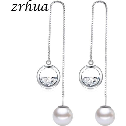ZRHUA Silver Color Earrings Jewelry Fashion Clear Crystal Zircon Long Round Dangle Earrings For Women Girls Lady Gifts