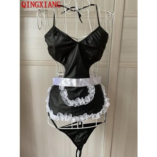 2021 Women Black Faux Leather Maid Cosplay Costume Sexy Maidservant Lingerie Apron Bodysuit With Lace Headpiece Panties Set