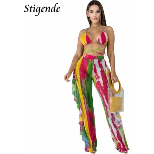 Stigende Women Summer Mesh Swimsuit Cover Up Sexy See Through Two Piece Ruffle Set Fashion Print Bandage Bra and Pants Set