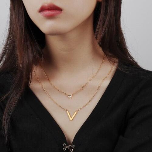 Female Stainless Steel Necklace For Women V Letter Pendant Necklace Stainless Steel Jewelry Female Gold Necklace Girls