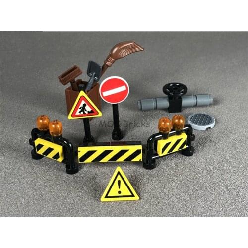 2sets/lot DIY Accessory Roadworks Kit Road Sign Warning Guardrail Educational building block figure toys for children Xmas gifts