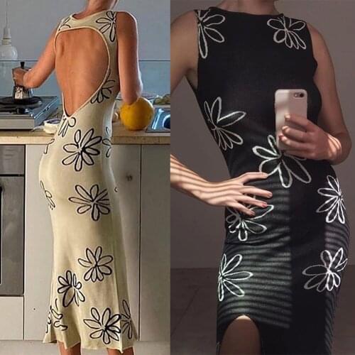 2021 Print Knit Bodycon Dress Women Flroa Dress Y2K Summer Hollow Out Sexy Sleeveless Spaghetti Strap Beach Midi Dresses Party