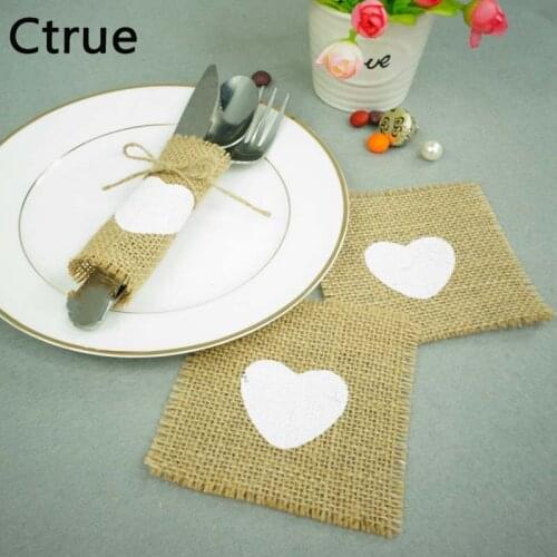60pcs 10cm*10cm Natural Jute Cultery Pocket Burlap Wedding Tableware Pouch Bags Vintage Wedding Decoration Centerpieces Table
