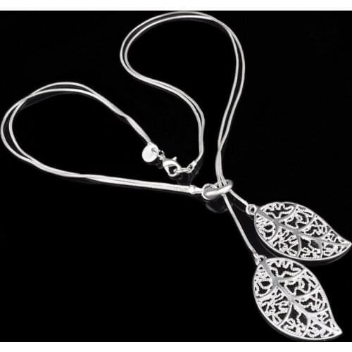 925 Sterling Silver Necklace Hollow Flowers Leaves Pendant Necklace For Women Choker Colar de Prata S-N25