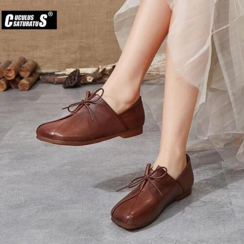 Cuculus Spring Women Ballet Flats Oxford Flat Shoes Genuine Leather Shoes Ladies Lace Up Brown Black Loafers Flats Boat Shoes