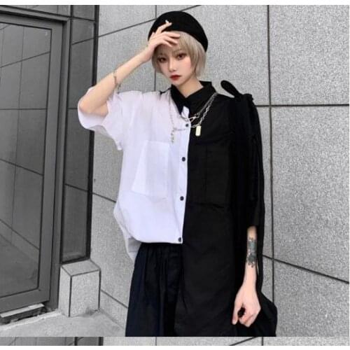 1pcs/lot patchwork women blouse black and white cotton blouse women clothes vintage summer tops