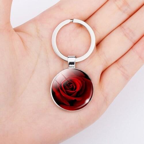Red Rose Keychain Blooming Black Rose Gem Pendant Natural Flower Art Glass Dome Key Ring Metal Valentine Gift