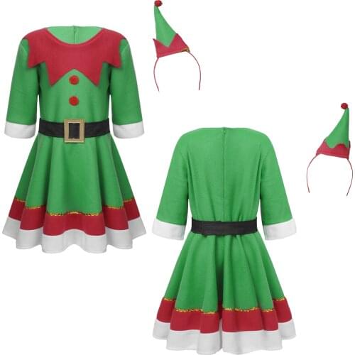 Kids Girls Christmas Elf Costumes Festival Santa Clause New Year Clothing Children Teens Fancy Dress Xmas Party Dress with Hat