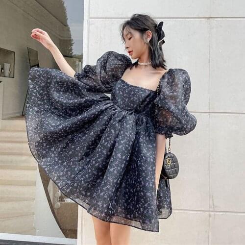 Elegant Organza Floral Puffy Dress Summer 2021 Square Collar Puff Sleeve Mini Night Dresses High Waist A-line Vestidos Fiesta
