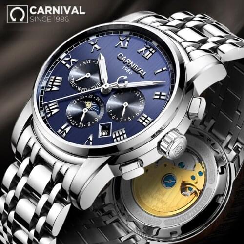 CARNIVAL Fashion Men Watch Men Automatic Mechanical Blue Wrist Wristwatch Stainless Steel Male Clock Relogio Masculino Box 8723G
