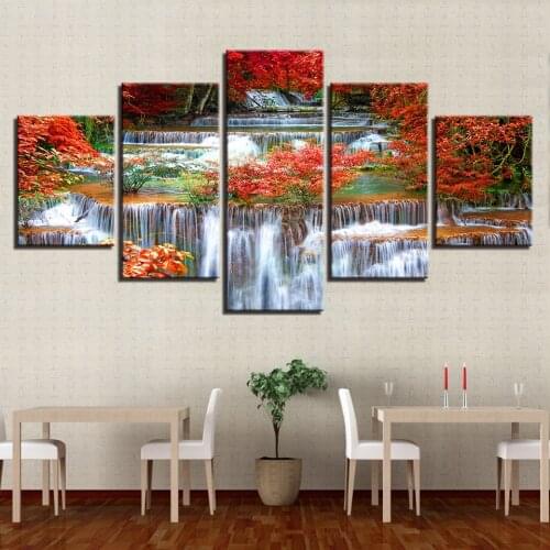 Canvas Paintings Art HD Prints Living Room Decor Framework 5 Pieces Red Forest Tree Lake Natural Landscape Posters