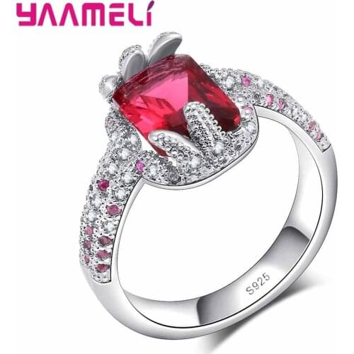 925 Sterling Silver Romantic Sweet Enthusiasm Red Square Crystal Stone Ring Engagement Bride Wedding Jewelry For Women