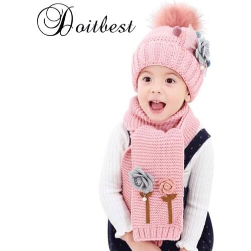 Doitbest flower childrens winter hat beanies sets velvet wool kids boys Knit fur hats winter 2 pcs baby girl scarf set