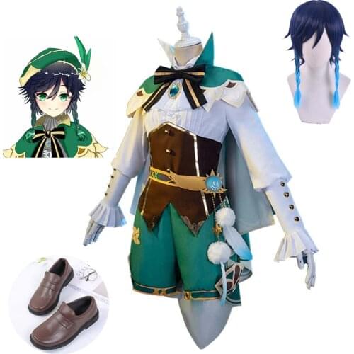 New Game Genshin Impact Cosplay Costume Venti Cosplay Costume Men Women Green Costume Halloween Shirt Pants Cloak Full Set Wig
