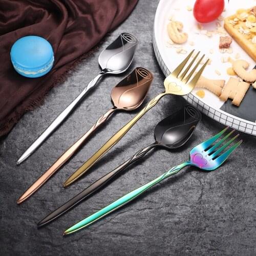 2Pcs Rose Flower Spoon and Fork Set Stainless Steel Coffee Tea Honey Spoon Dessert Cake Fruit Salad Fork Kitchen Dinnerware