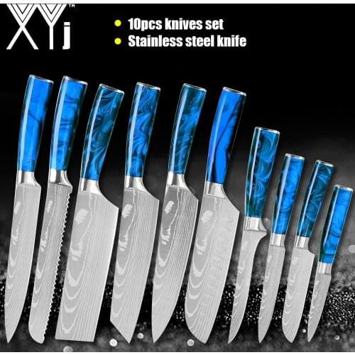 XYj 10Pcs Pro Chef Stainless Steel Knives Set 3Cr13 Damascus Veins Blade Cleaver Chopping Santoku Utility Paring Knife Tools