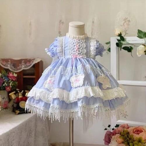 0-6Y Summer Vintage Spanish Princess Lolita Blue Lace Tassel Puff Shortsleeve Ball Gown Dress For Baby Girls Birthday Party Cute