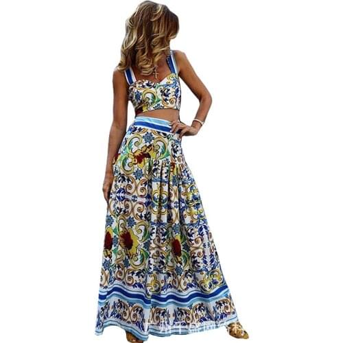Sexy 2 Piece Spaghetti Strap Floral Print Dress Summer Backless Beach Fashion Flower High Waist Long Dresses Party Elegant