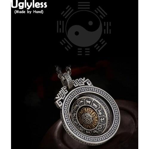 Uglyless 100% Real Solid 925 Sterling Thai Silver Zodiac Pendants Necklaces NO Chain Spinning Round Pendant Tai Chi Fine Jewelry