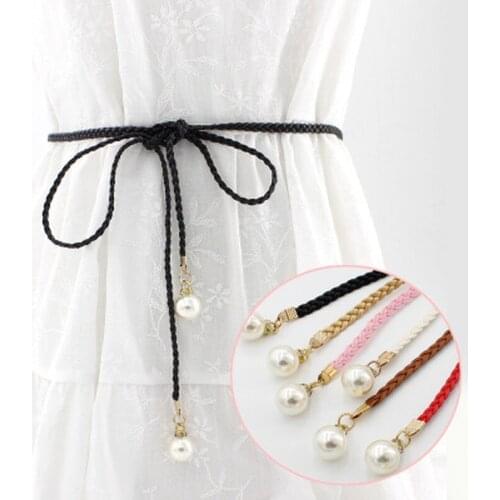 Womens Luxury Leather Belt Style Cummerbund Candy Colors Hemp Rope Braid Female Belt for Dress Pearl Both Ends Belts for Women