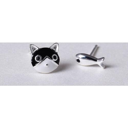 Black cat fish asymmetric earrings 100% 925 Sterling silver Jewelry fashion Hypoallergenic Stud earrings for girl gift