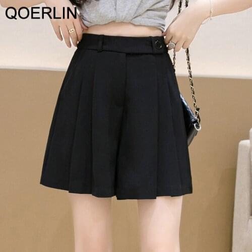 QOERLIN High Waist Shorts Summer Women Elegant Suit Pants Plus Size Side Pocket Elastic Waist Loose Casual Black Shorts Female
