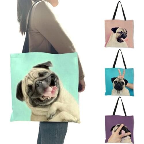 Personalized Simple Pug Dog 3D Printed Pink Purple Handbag for Women Girls Soft College Tote Bag High Quality Linen Shoulder Bag
