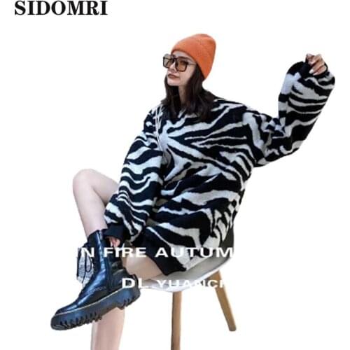 Stripes Print Loose Sweaters Women Winter Hip-Pop Oversized Long Pullovers Streetwear Outerwear zibra color high quality