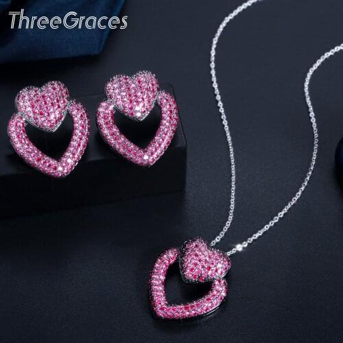 ThreeGraces Trendy Red Cubic Zirconia Double Love Heart Shape Dangle Earrings and Pendant Necklace Jewelry Set for Women JS530